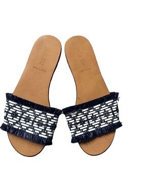J. Crew Slide sandals in navy-and-white raffia